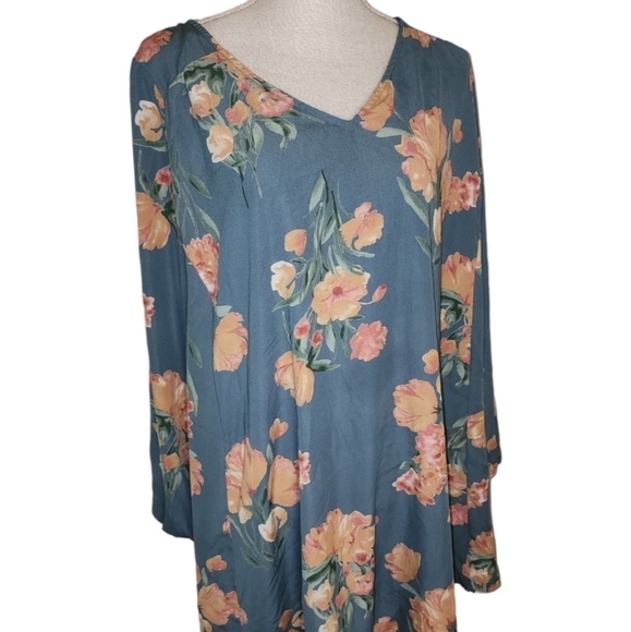 Peach Love California Dress Tunic Blue Floral Long Sleeve Large Boho Work Casual - Picture 1 of 7